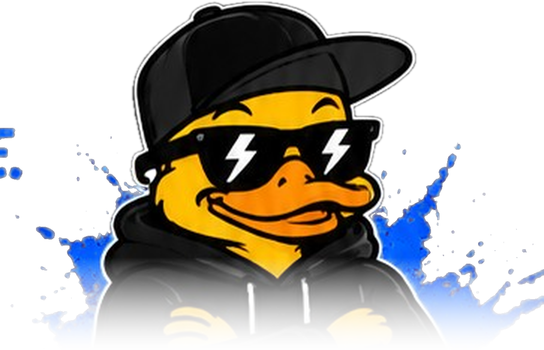 DuckLife mascot, a duck in a cap and lightning-bolt sunglasses